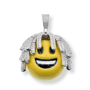 Rhodium Plated 925 Silver Dreadlocks Smiley Yellow and Black Enamel Pendant